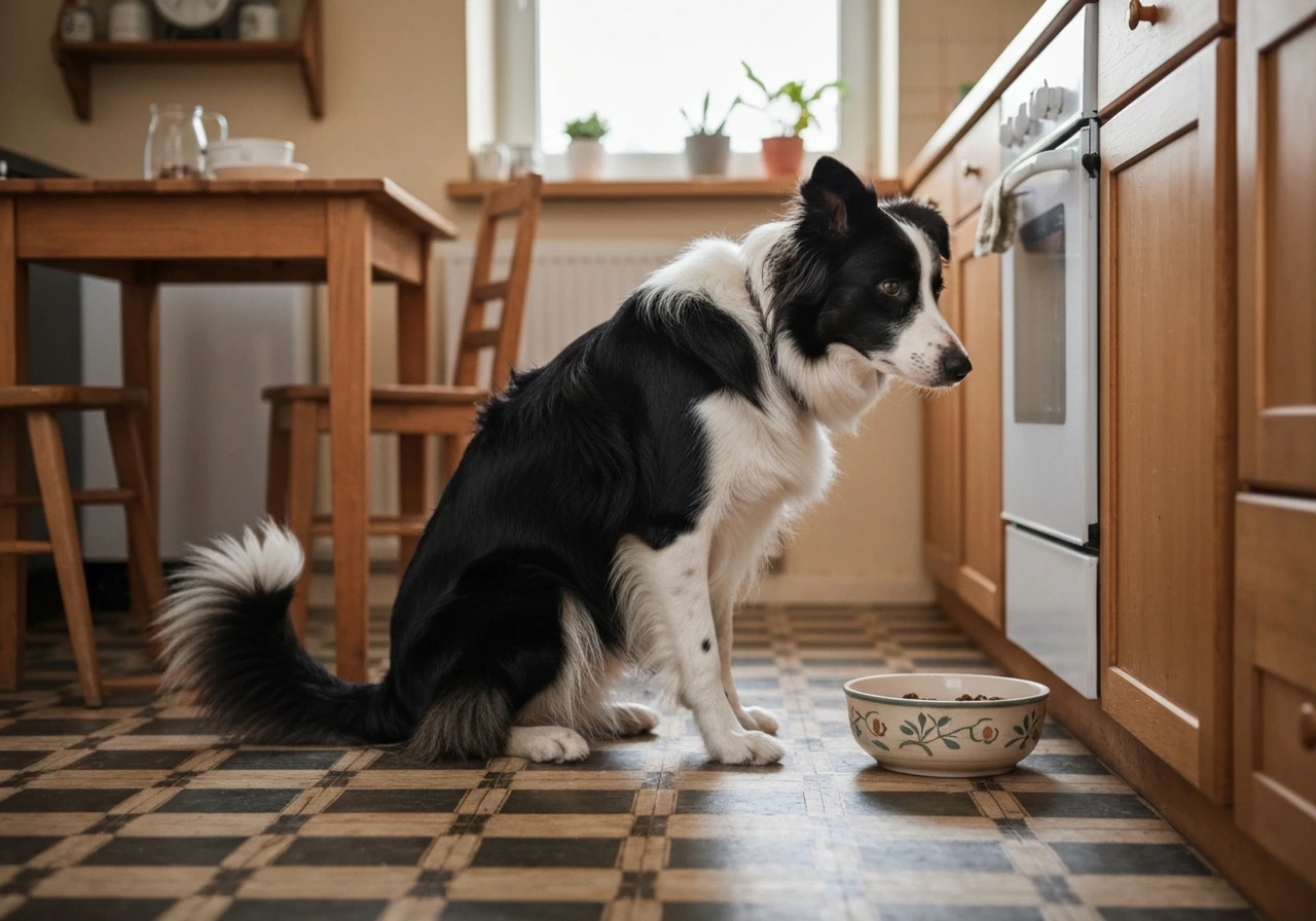 Border Collie with food bowl