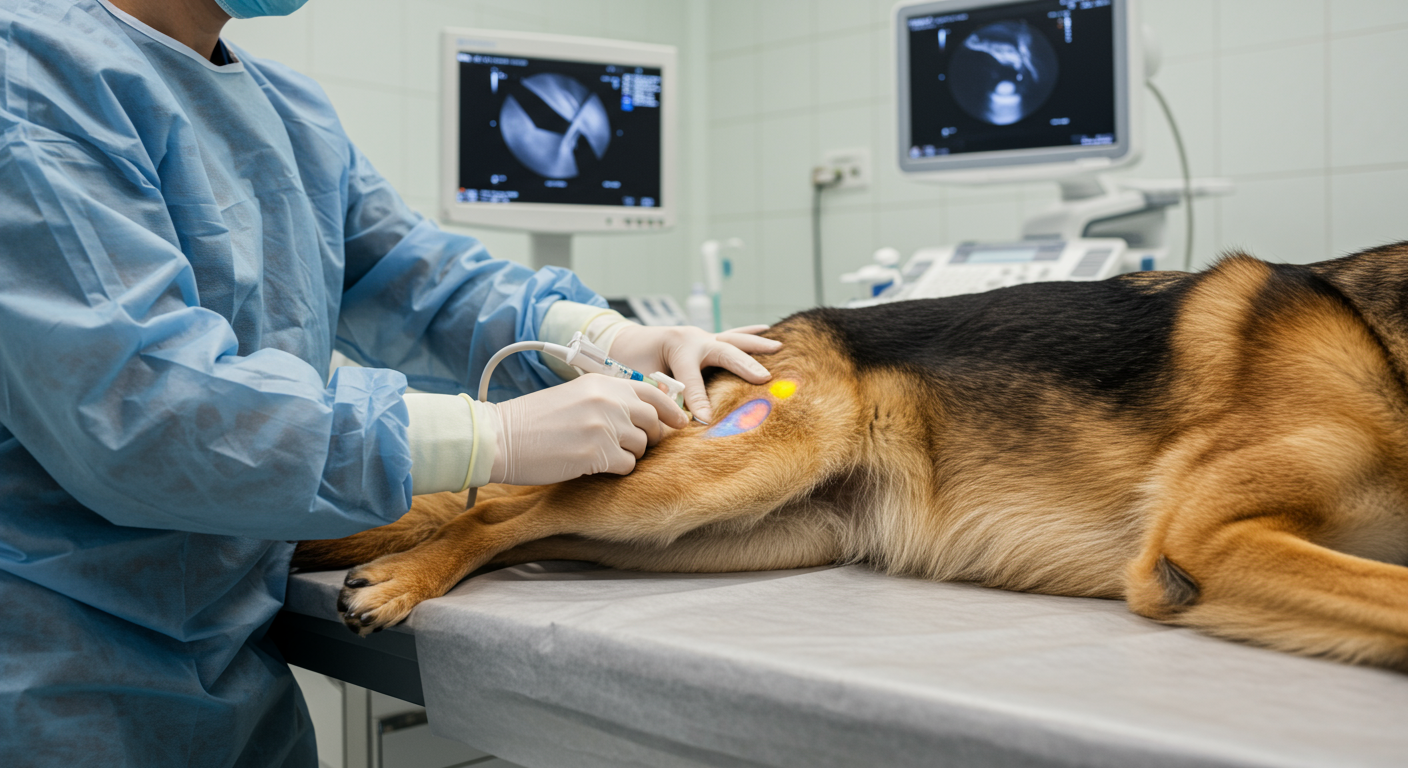 German shepherd receiving stem cell injection in the elbow joint with ultrasound guidance during veterinary treatment