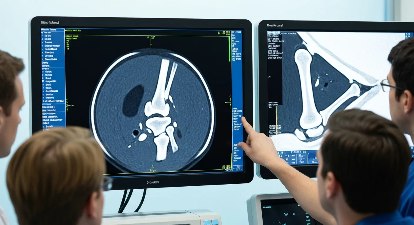 Advanced imaging CT scan being performed on dog elbow joint at specialist center