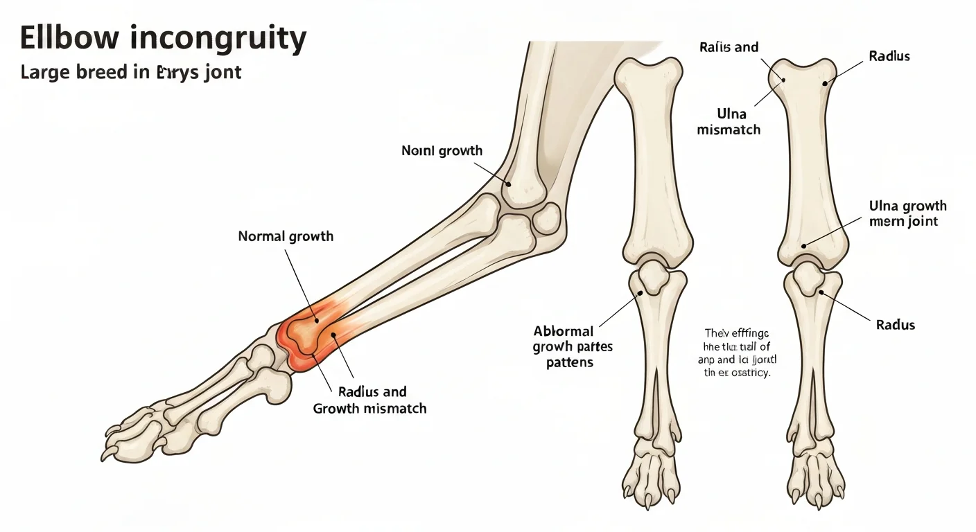 Veterinary diagram showing elbow incongruity radius ulna growth mismatch in large breed