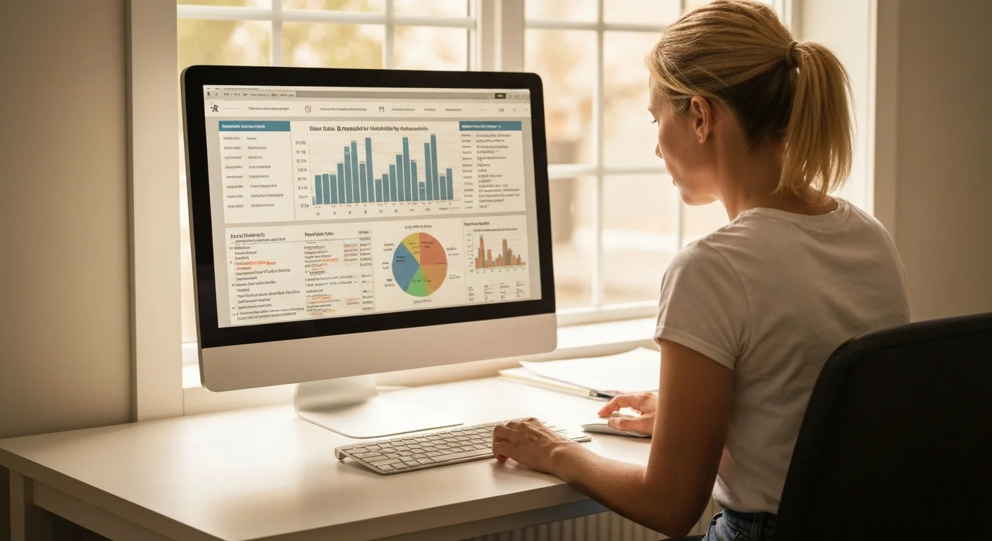 Dog breeder reviewing genetic health database records for elbow dysplasia breeding decisions