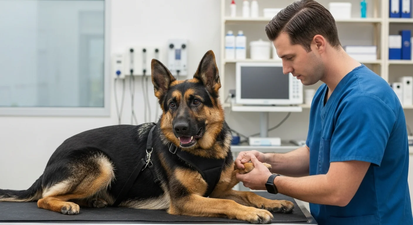 German Shepherd dog being examined for elbow dysplasia at orthopedic veterinary specialist