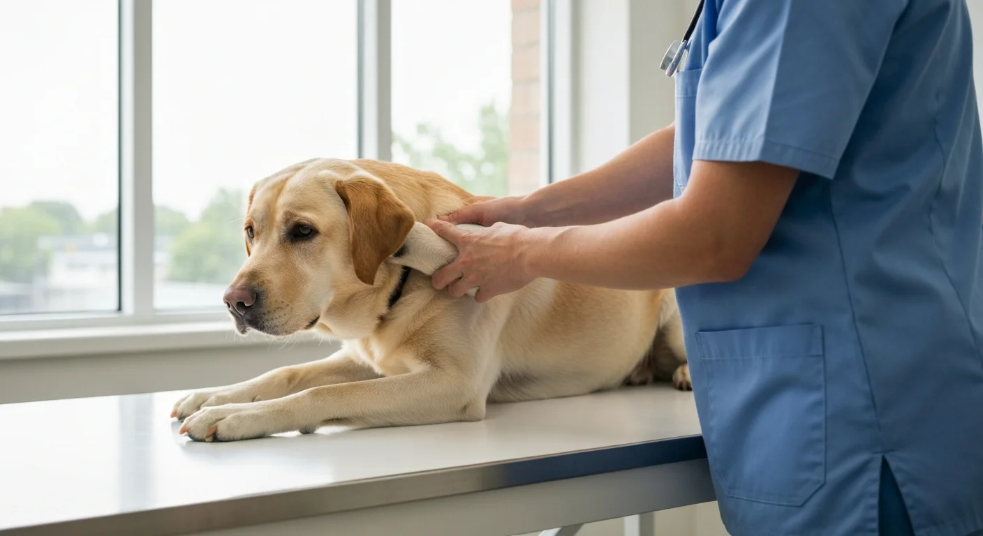 Labrador Retriever receiving orthopedic examination for elbow joint health evaluation