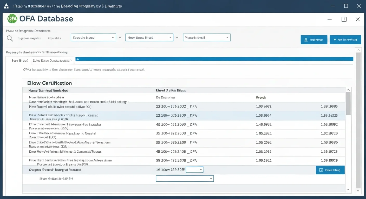 OFA database records showing elbow certification for breeding program documentation