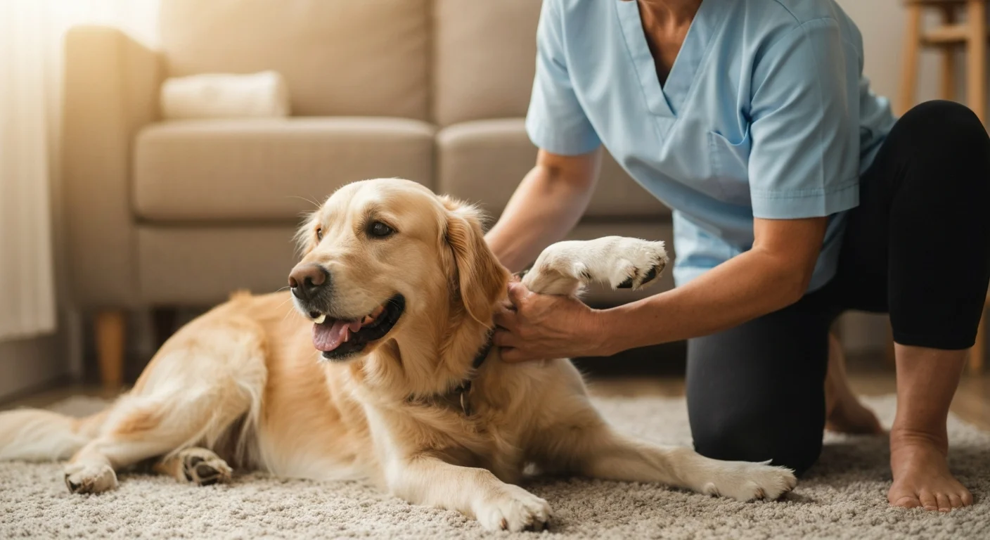 Dog with elbow osteoarthritis receiving gentle therapeutic massage from physiotherapist