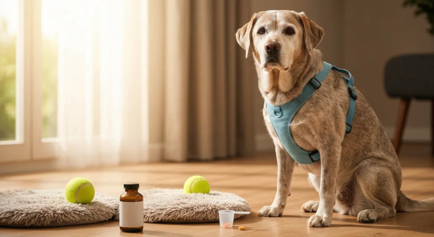Senior dog managing elbow osteoarthritis with combination medication and exercise therapy