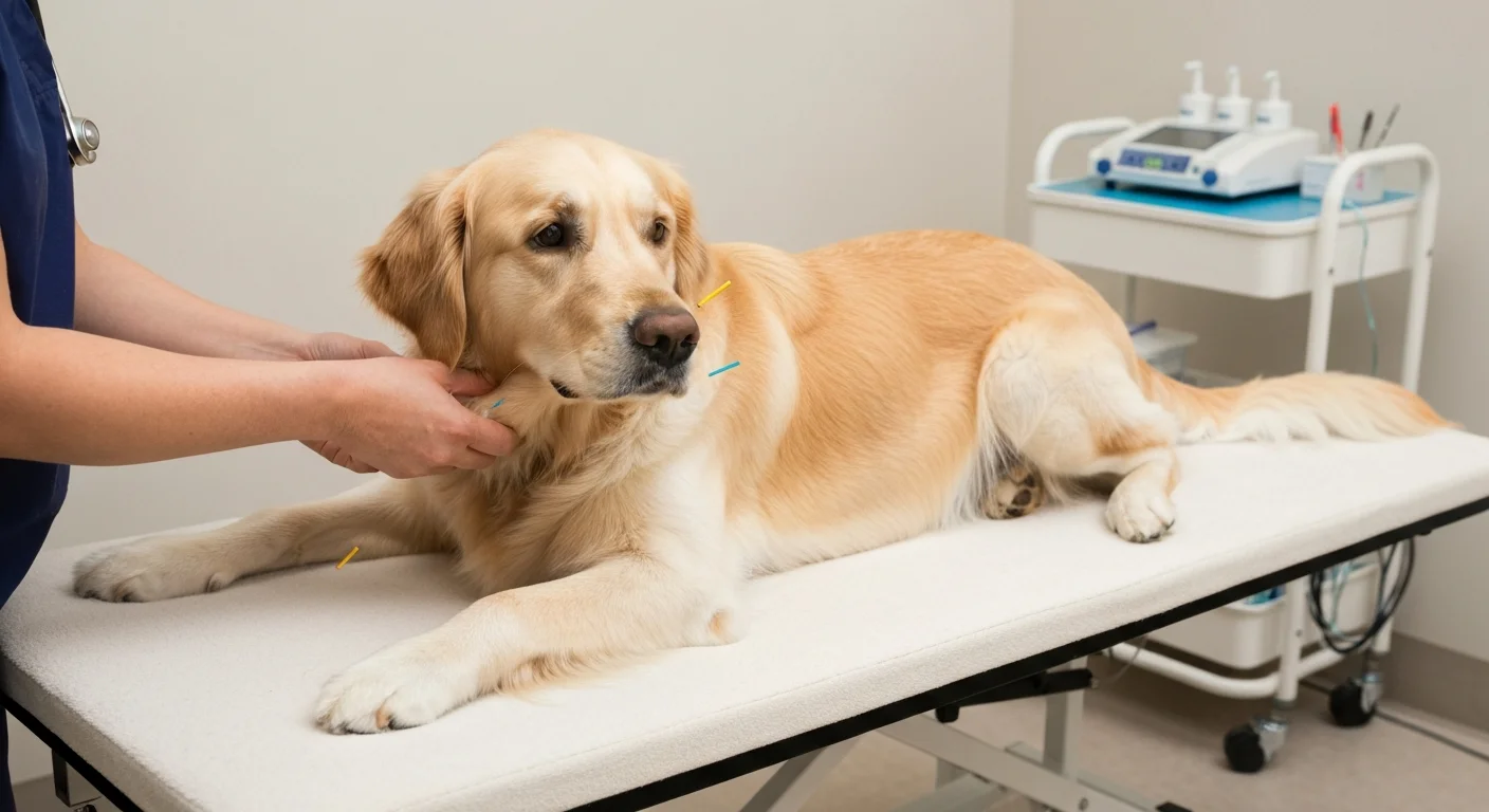 Dog receiving acupuncture treatment for comprehensive elbow pain management protocol