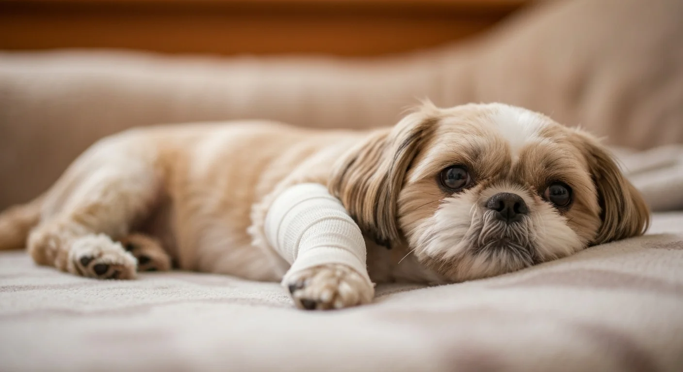Dog resting with bandaged elbow after successful arthroscopic elbow dysplasia surgery