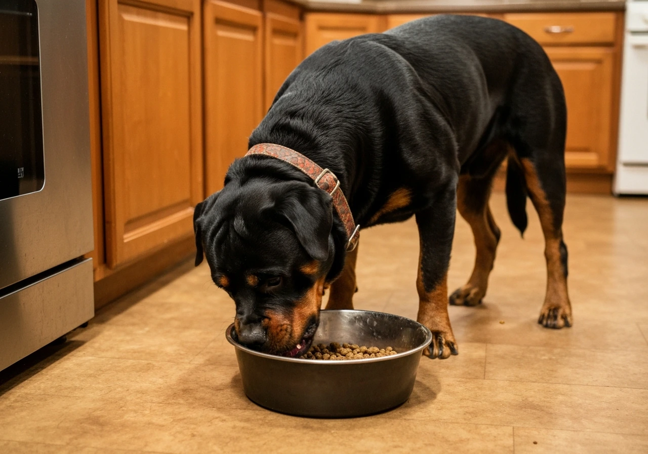 Rottweiler with food bowl